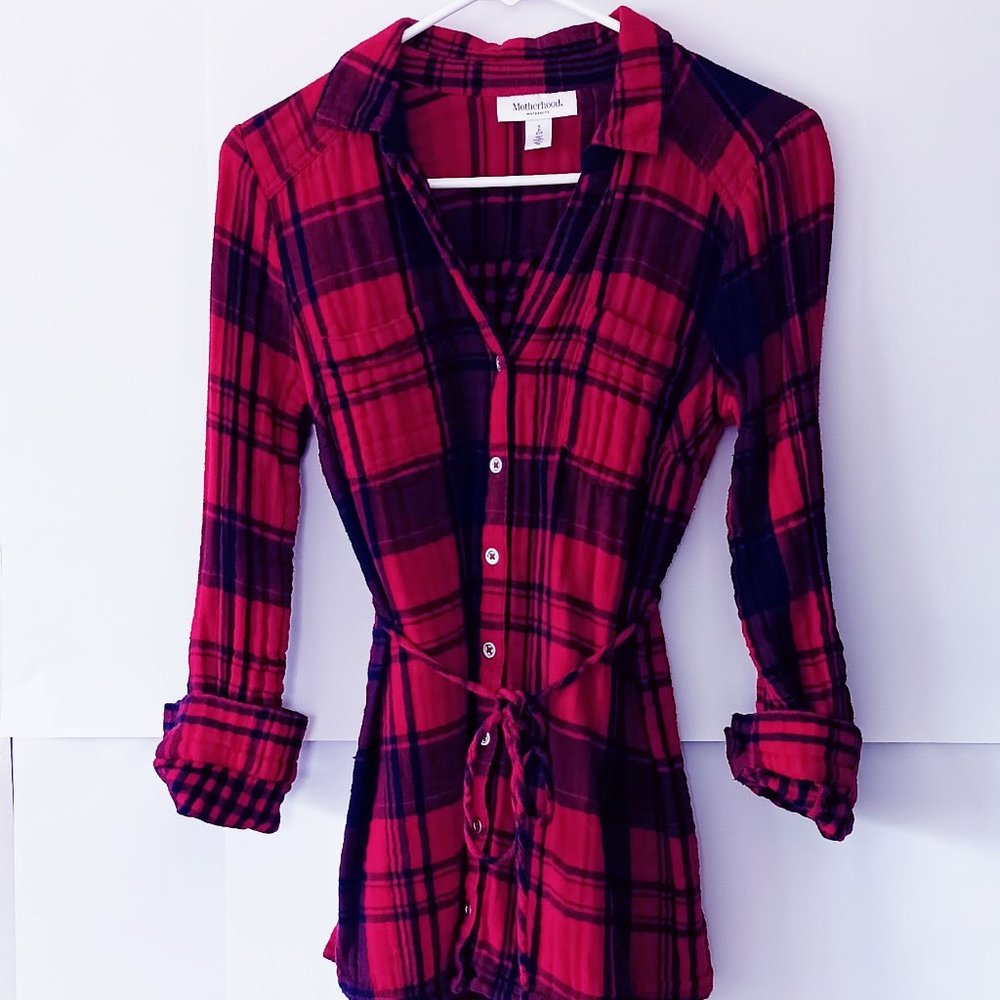 MOTHERHOOD MATERNITY Red and Navy Plaid Flannel Shirt Size S